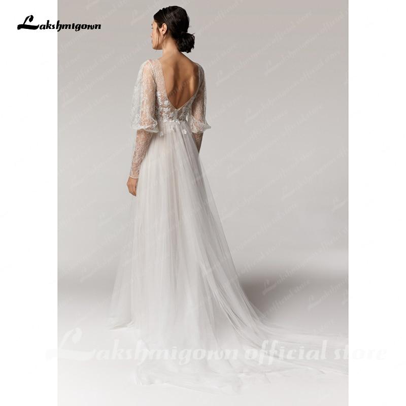 NumberSea Vintage Deep V Champagne Wedding Dress A Line long sleeves