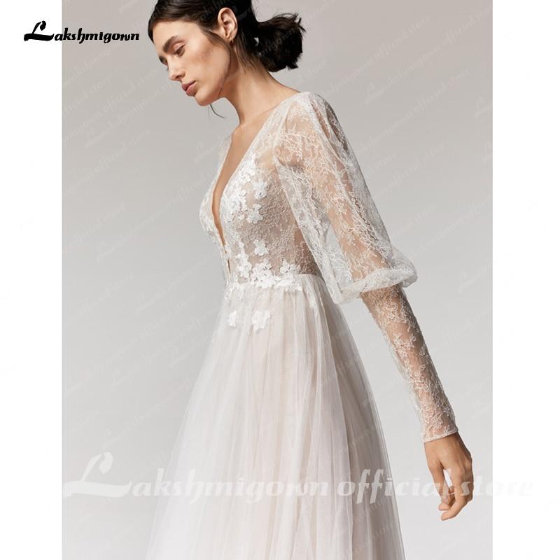 NumberSea Vintage Deep V Champagne Wedding Dress A Line long sleeves