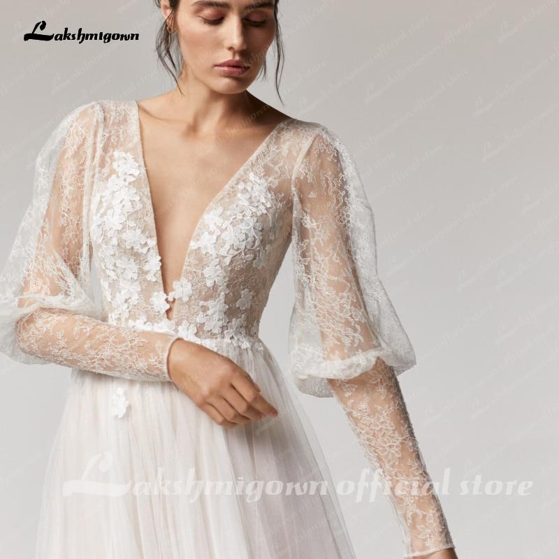 NumberSea Vintage Deep V Champagne Wedding Dress A Line long sleeves