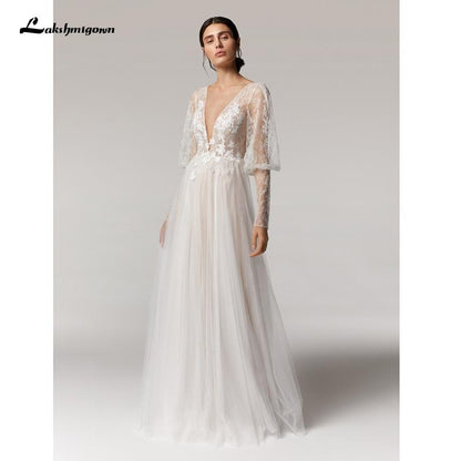 NumberSea Vintage Deep V Champagne Wedding Dress A Line long sleeves