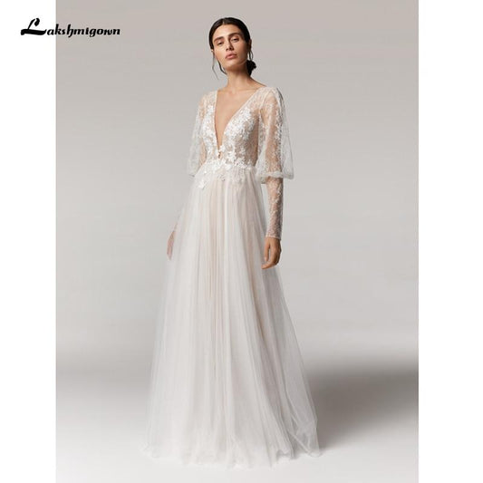 NumberSea Vintage Deep V Champagne Wedding Dress A Line long sleeves