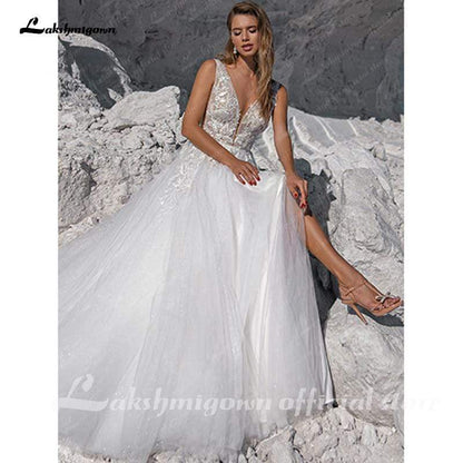 NumberSea Vintage Glitter Sequin Beach Wedding Dress