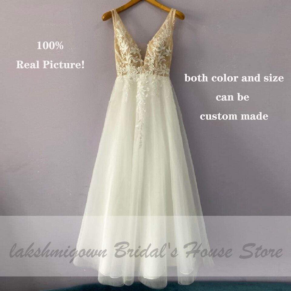 NumberSea Vintage Lace Boho Wedding Dress Deep V-neck Champagne Bridal Gown