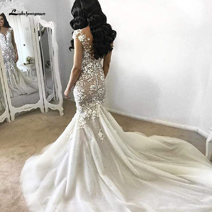 NumberSea Vintage Lace Bridal Mermaid Dress Elegant Long Train Wedding Dresses