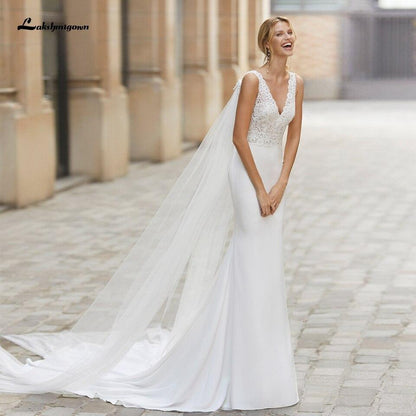 NumberSea Vintage Satin Wedding Dress with Wings Boho Style V-neck