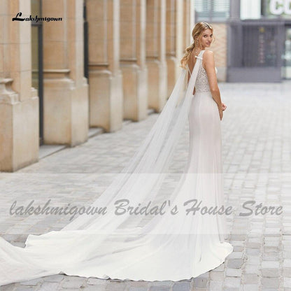 NumberSea Vintage Satin Wedding Dress with Wings Boho Style V-neck