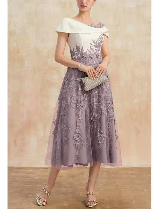 Wedding Guest Elegant Vintage Party Cowl Neck Ankle Length Tea Length Lace Stretch Fabric Short Sleeve Cap Sleeve with Bow(s) Ruched Mother of the Bride Dress