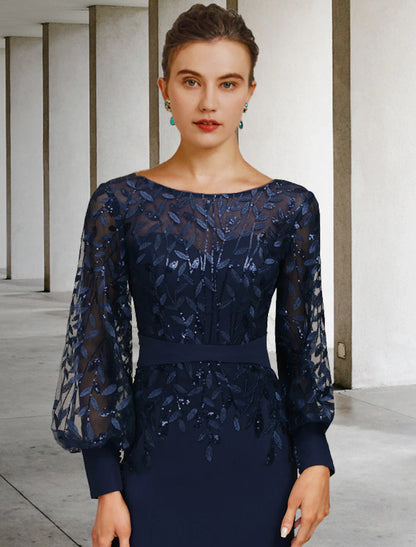 Wedding Guest Elegant Vintage Jewel Neck Train Chiffon Lace Long Sleeve with Sequin Ruffles Mother of the Bride Dress