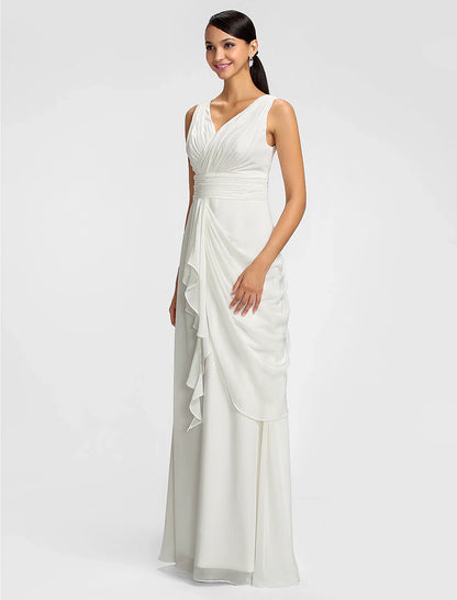 Sheath / Column V Neck Floor Length Chiffon Bridesmaid Dress with Draping / Sash / Ribbon / Side Draping