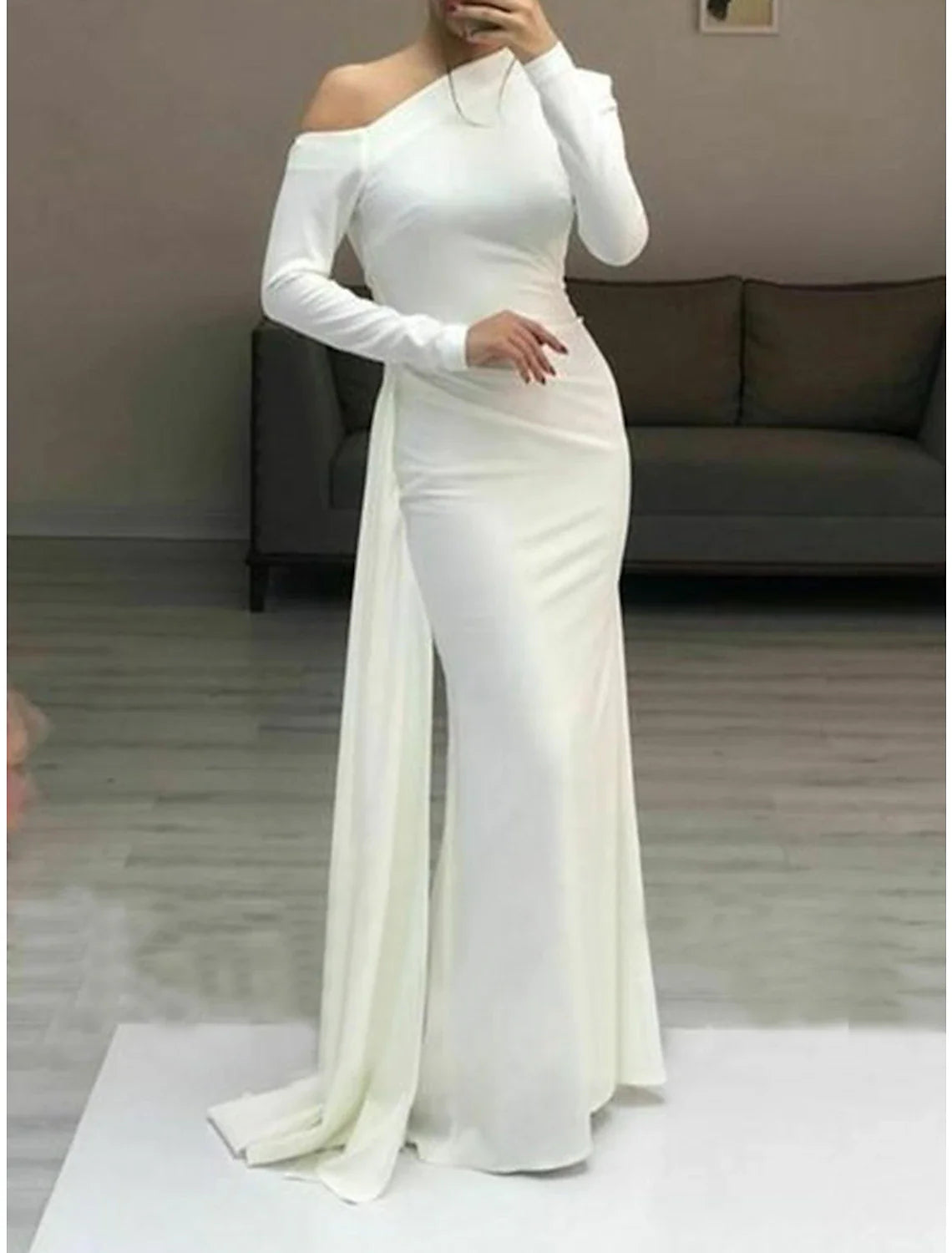 Sheath / Column Minimalist Elegant Wedding Guest Formal Evening Dress One Shoulder Long Sleeve Floor Length Stretch Fabric with Sleek Ruched