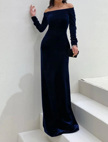 Sheath / Column Evening Gown Minimalist Dress Formal Evening Floor Length Long Sleeve Off Shoulder Fall Wedding Guest Velvet with Sleek