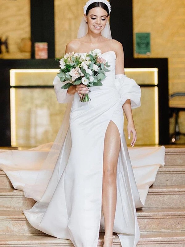 Sheath/Column Satin Ruched Sweetheart Sleeveless Chapel Train Wedding Dresses