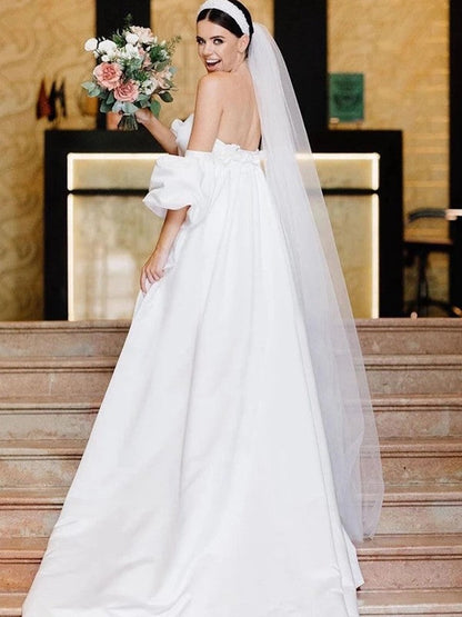 Sheath/Column Satin Ruched Sweetheart Sleeveless Chapel Train Wedding Dresses