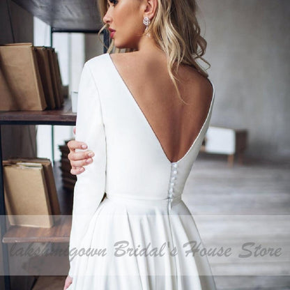 NumberSea Wedding Dress Satin V-Back Sexy High Low Bridal A-line