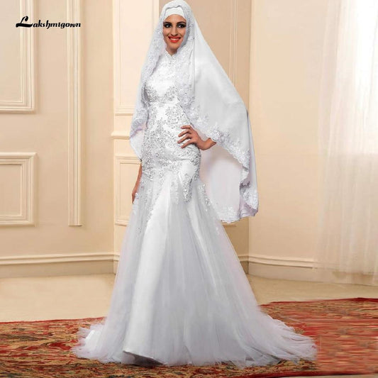 NumberSea Hochzeitskleid mit Hijab, Spitze und Perlen, Meerjungfrau-Brautkleid