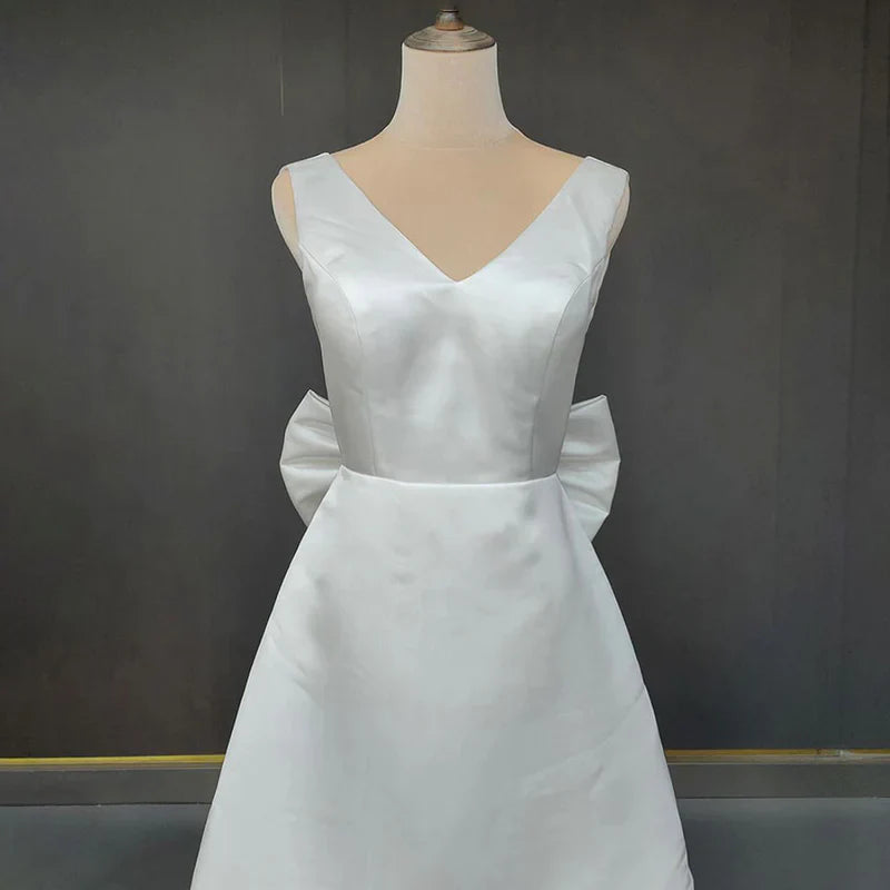 Wedding Dress A-Line Satin V-Neck Short with Large Bow