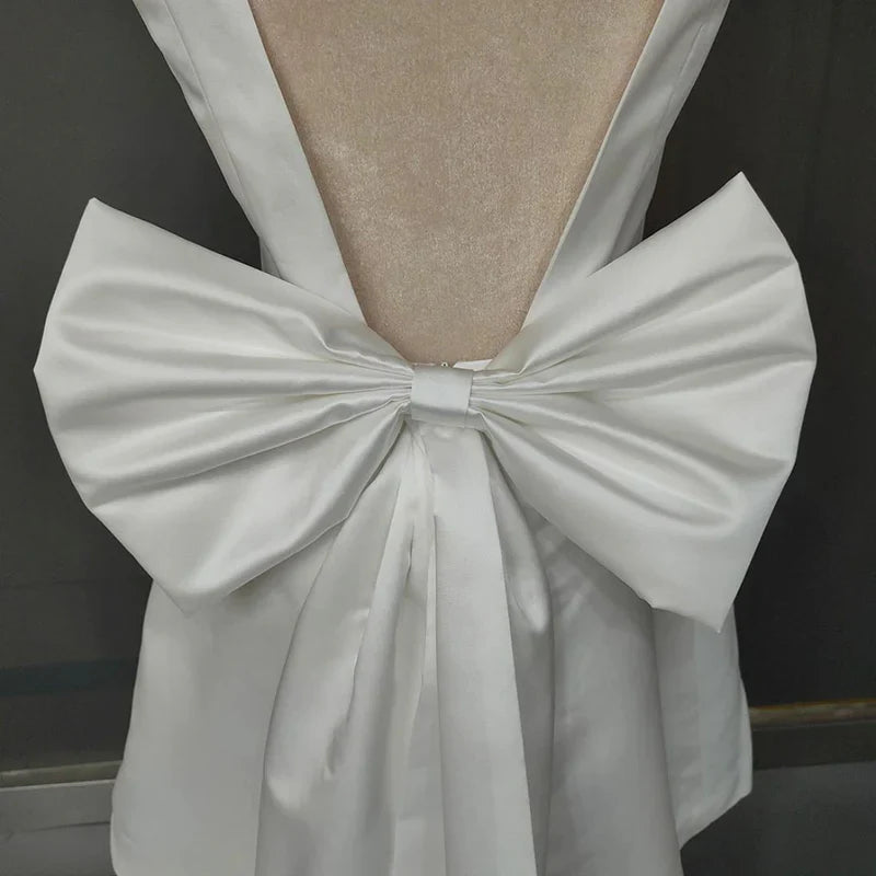 Wedding Dress A-Line Satin V-Neck Short with Large Bow