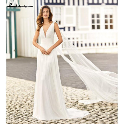 NumberSea Simple Wedding Dresses A-Line Sexy V-Neck Appliques