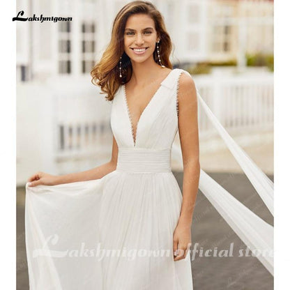 NumberSea Simple Wedding Dresses A-Line Sexy V-Neck Appliques