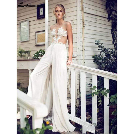 NumberSea Wedding Dresses Jumpsuit with Removable Skirt Lace Appliques