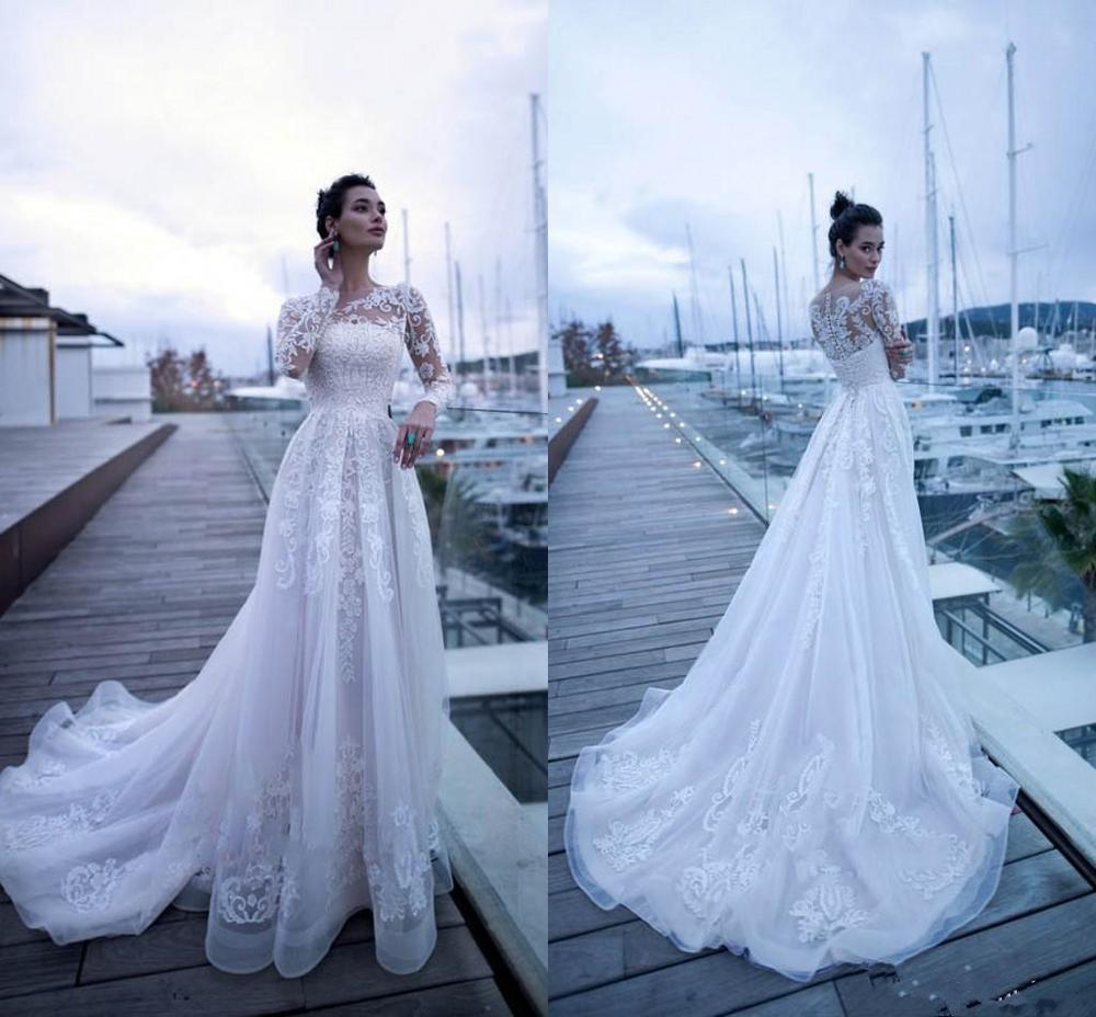 NumberSea Wedding Dresses Lace Applique Long Sleeve O-neck