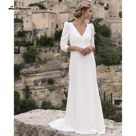 NumberSea Wedding Dresses Satin Simple V Neck Backless