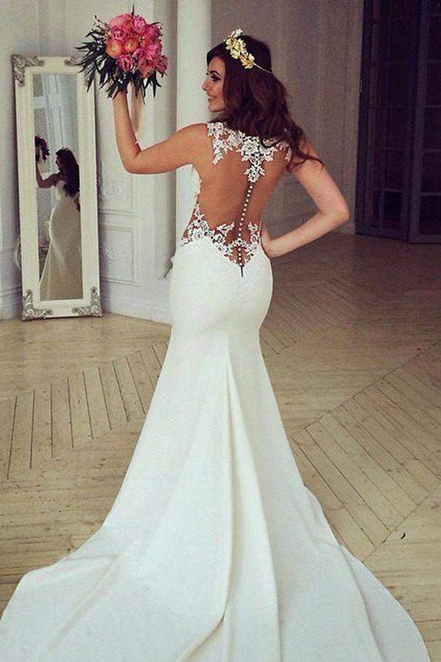 NumberSea White Lace Mermaid See Through Long Wedding Dresses with Sweep Train, MW185