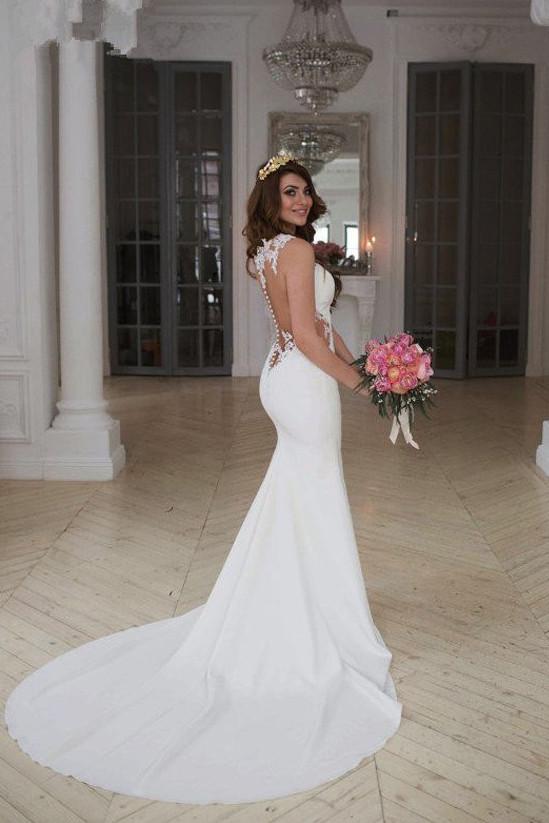 NumberSea White Lace Mermaid See Through Long Wedding Dresses with Sweep Train, MW185