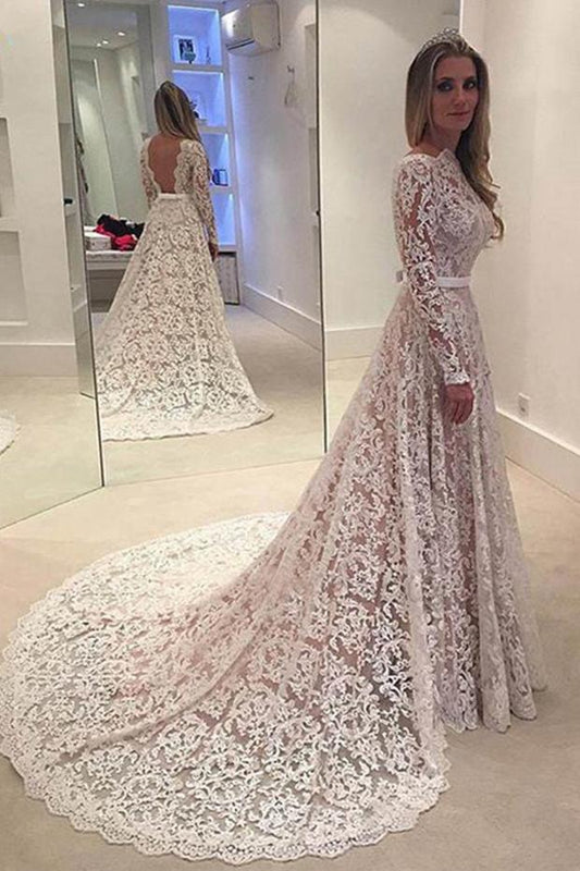 NumberSea White Lace Backless A line Long Sleeve Long Wedding Dresses, Bridal Dresses, MW190