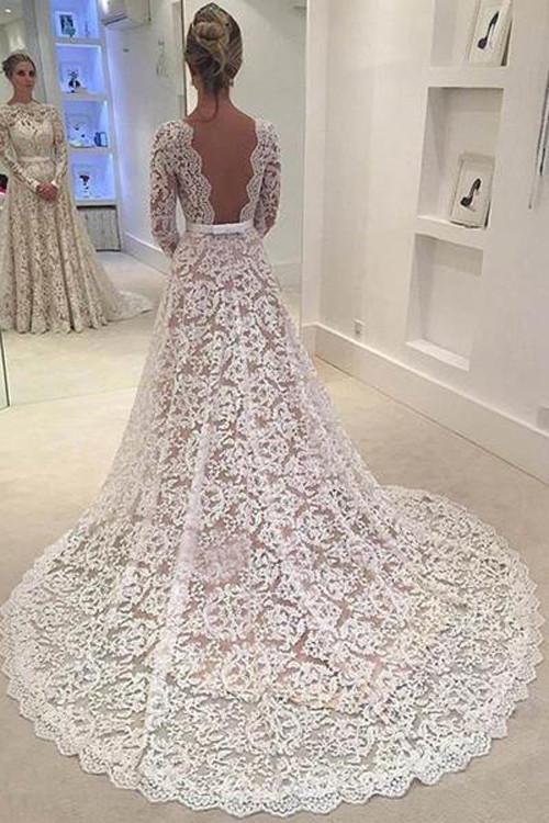 NumberSea White Lace Backless A line Long Sleeve Long Wedding Dresses, Bridal Dresses, MW190