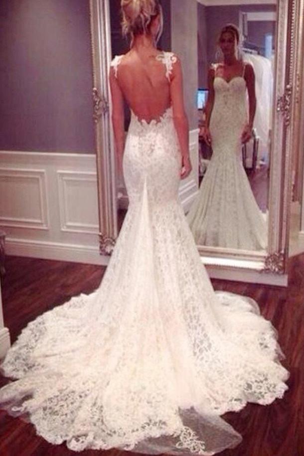 NumberSea White Spaghetti Straps Mermaid Backless Lace Wedding Dresses, Bridal Gown, MW102