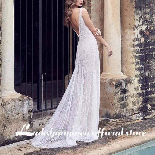 NumberSea Sexy V Neck Pure Color Backless mermaid Wedding Dress