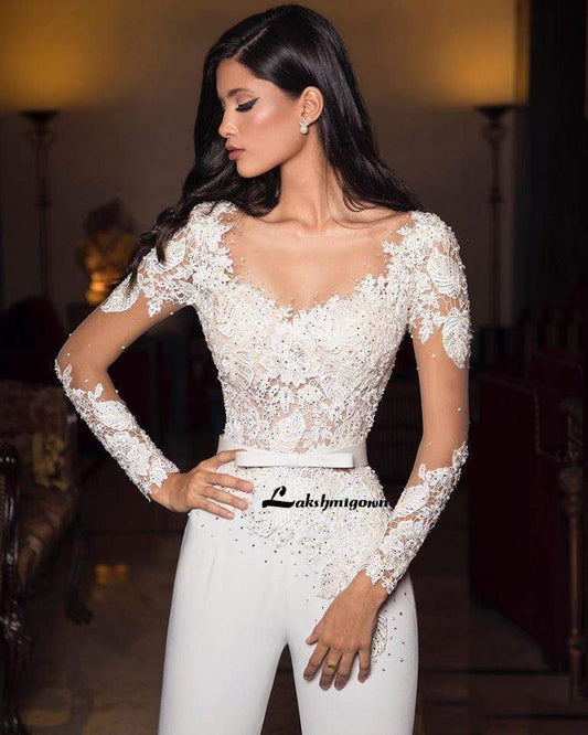 NumberSea White Ivory Wedding Dresses Jumpsuits Lace Appliques Wedding Dress