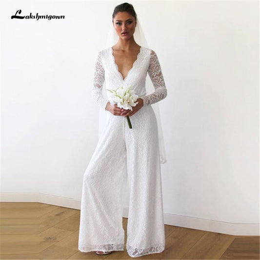 NumberSea Weiß Spitze Frauen Jumpsuits Brautkleider Langarm