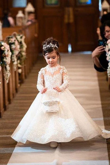 White Long A-line Lace Flower Girl Dresses With Sleeves