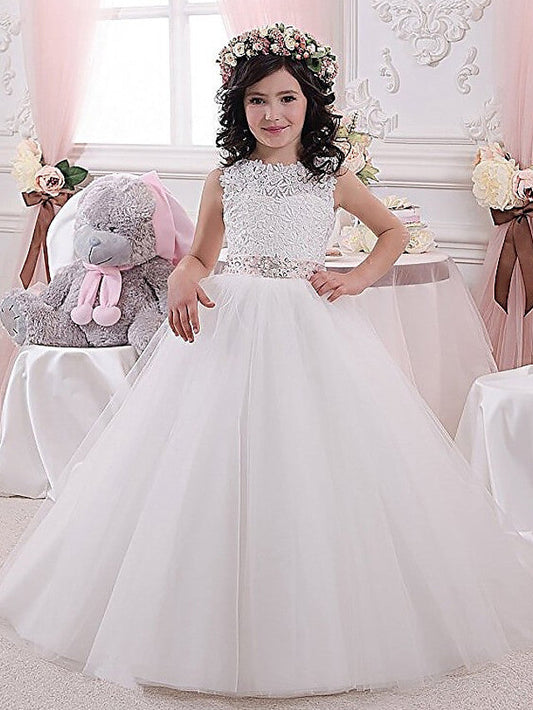 White Long Ball Gown Lace Tulle Wedding Party Flower Girl Dresses