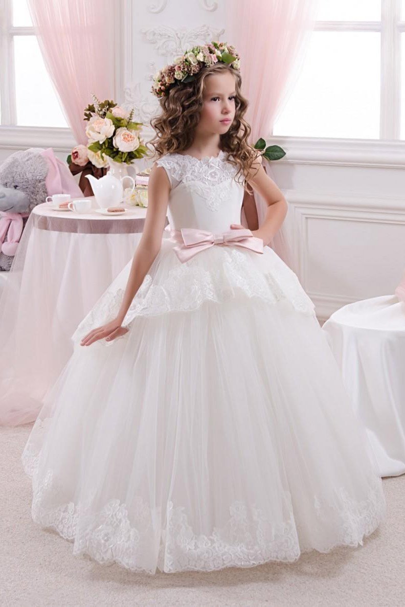 White Long Ball Gown Scoop Neck Sleeveless Tulle Flower Girl Dresses