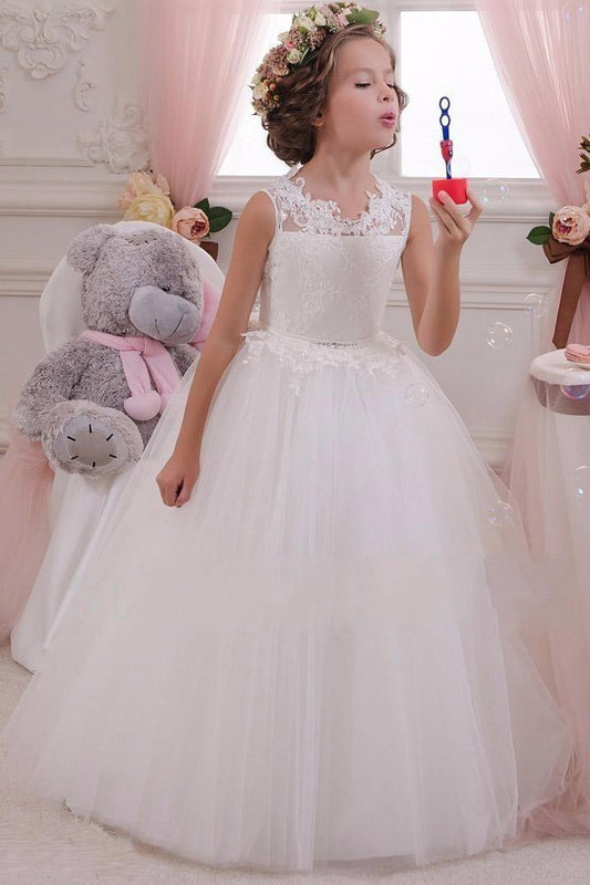 White Long Ball Gown Scoop Neck Sleeveless Tulle Flower Girl Dresses