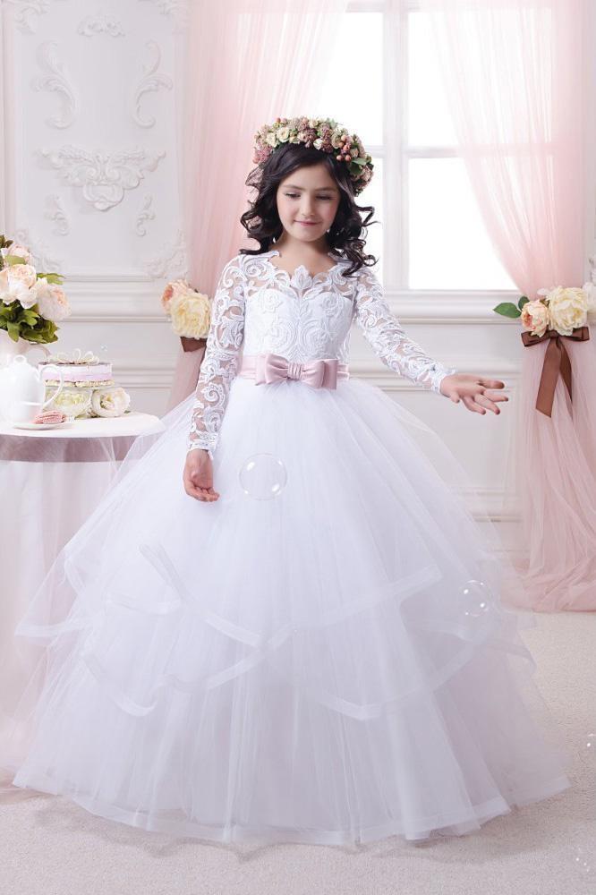 White Long Sleeves Ball Gown Scoop Neck Tulle Lace Flower Girl Dresses