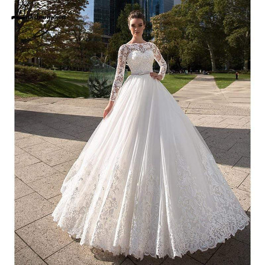 NumberSea White Long Sleeves Ivory Wedding Dresses