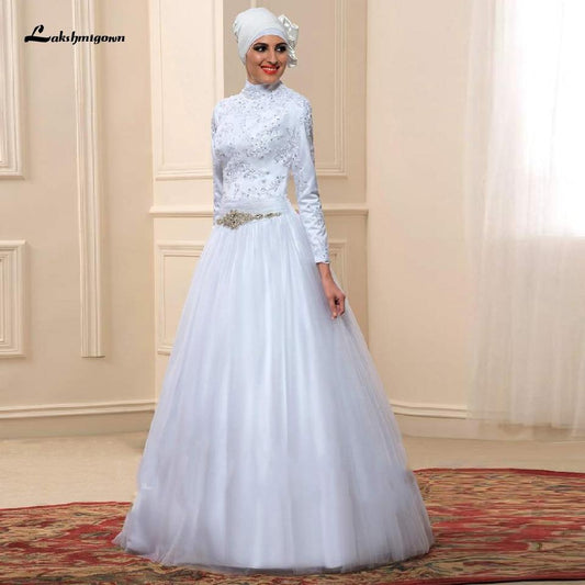 NumberSea White Muslim High Neck Wedding Dress Satin Long Sleeve