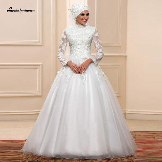 NumberSea White Muslim Wedding Dress with Long Sleeves