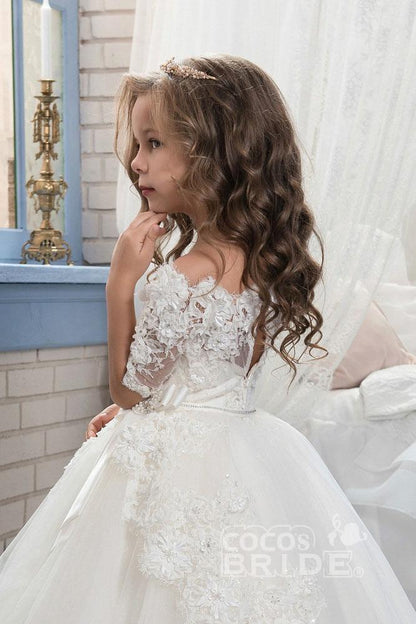 White Off The Shoulder 1/2 Sleeves Ball Gown Flower Girls Dress