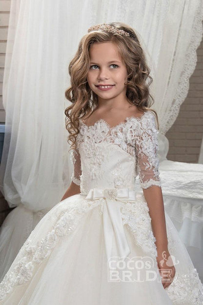 White Off The Shoulder 1/2 Sleeves Ball Gown Flower Girls Dress