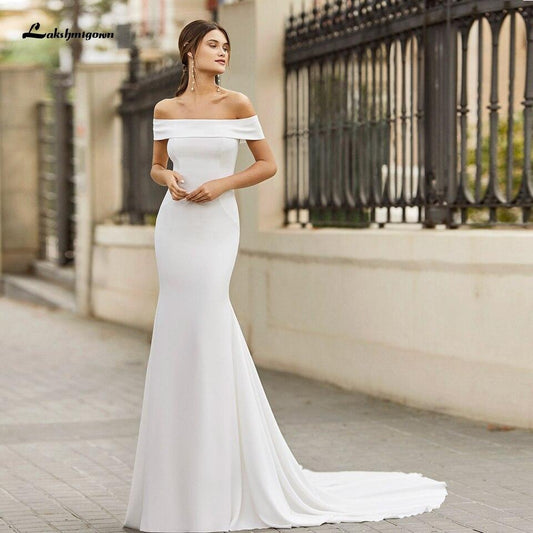 NumberSea White Satin Mermaid Wedding Dress Off the Shoulder