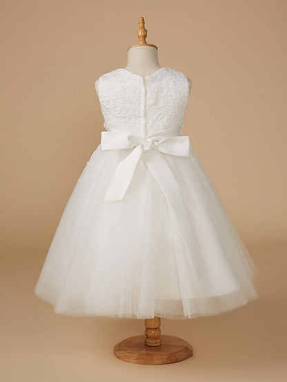 White Short Ball Gown Lace Tulle Wedding First Communion Flower Girl Dresses