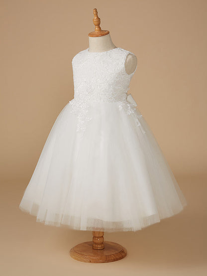 White Short Ball Gown Lace Tulle Wedding First Communion Flower Girl Dresses