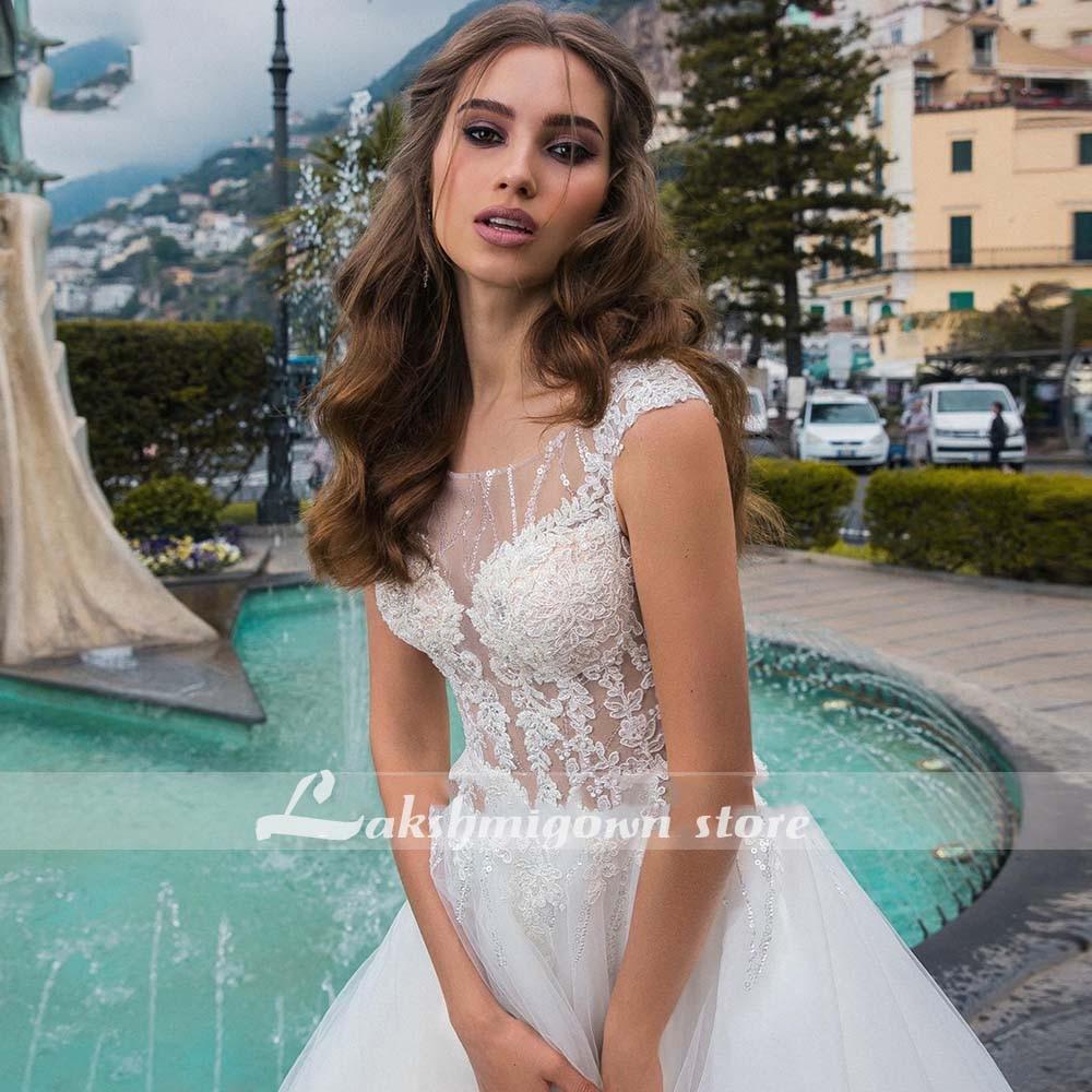 NumberSea White Wedding Dresses Appliques Sequined Cap Sleeve