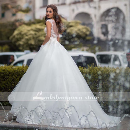 NumberSea White Wedding Dresses Appliques Sequined Cap Sleeve