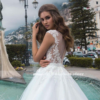 NumberSea White Wedding Dresses Appliques Sequined Cap Sleeve